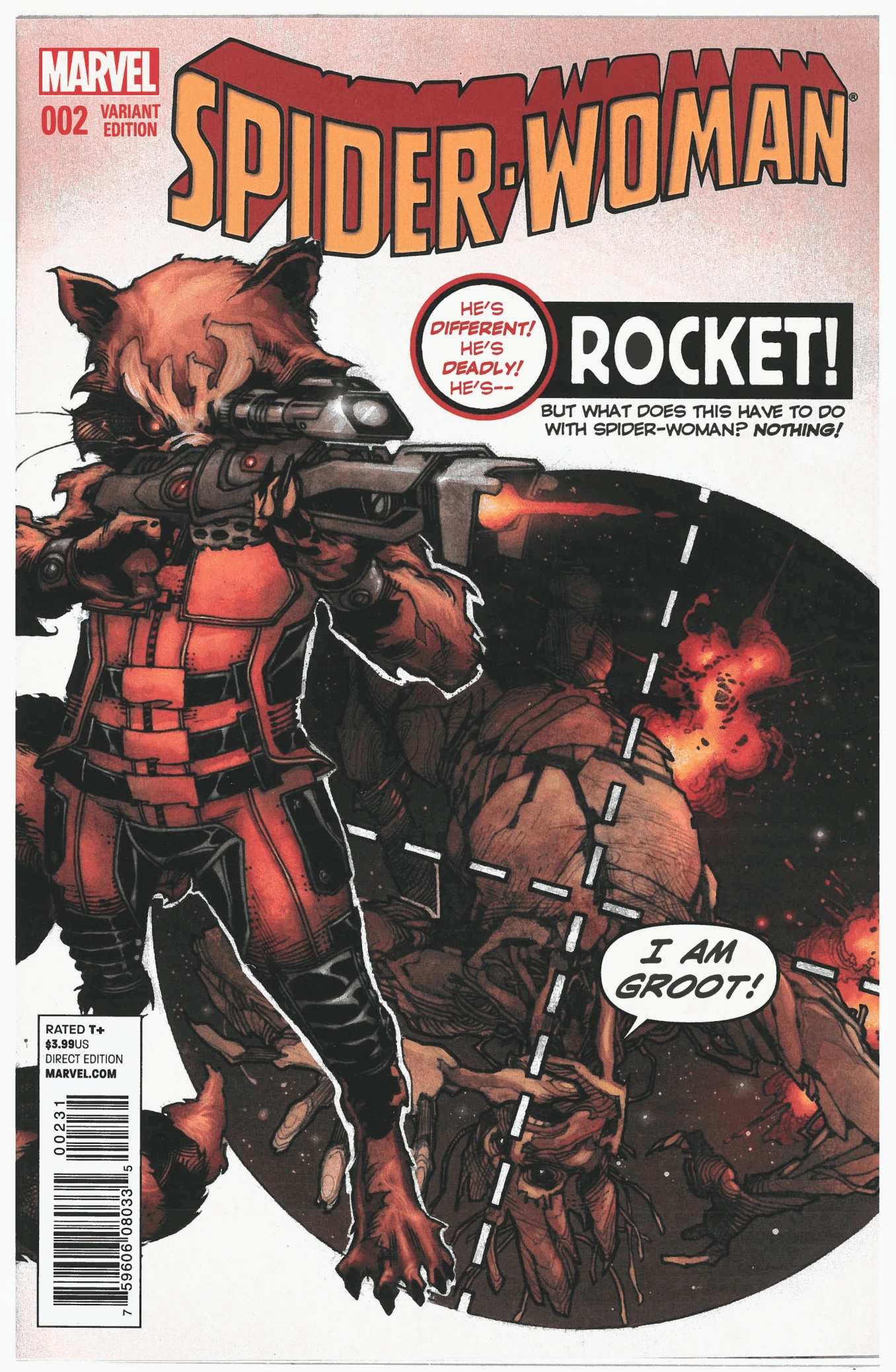Spider-Woman #2 — Rocket Raccoon and Groot variant (February2015 cover date)