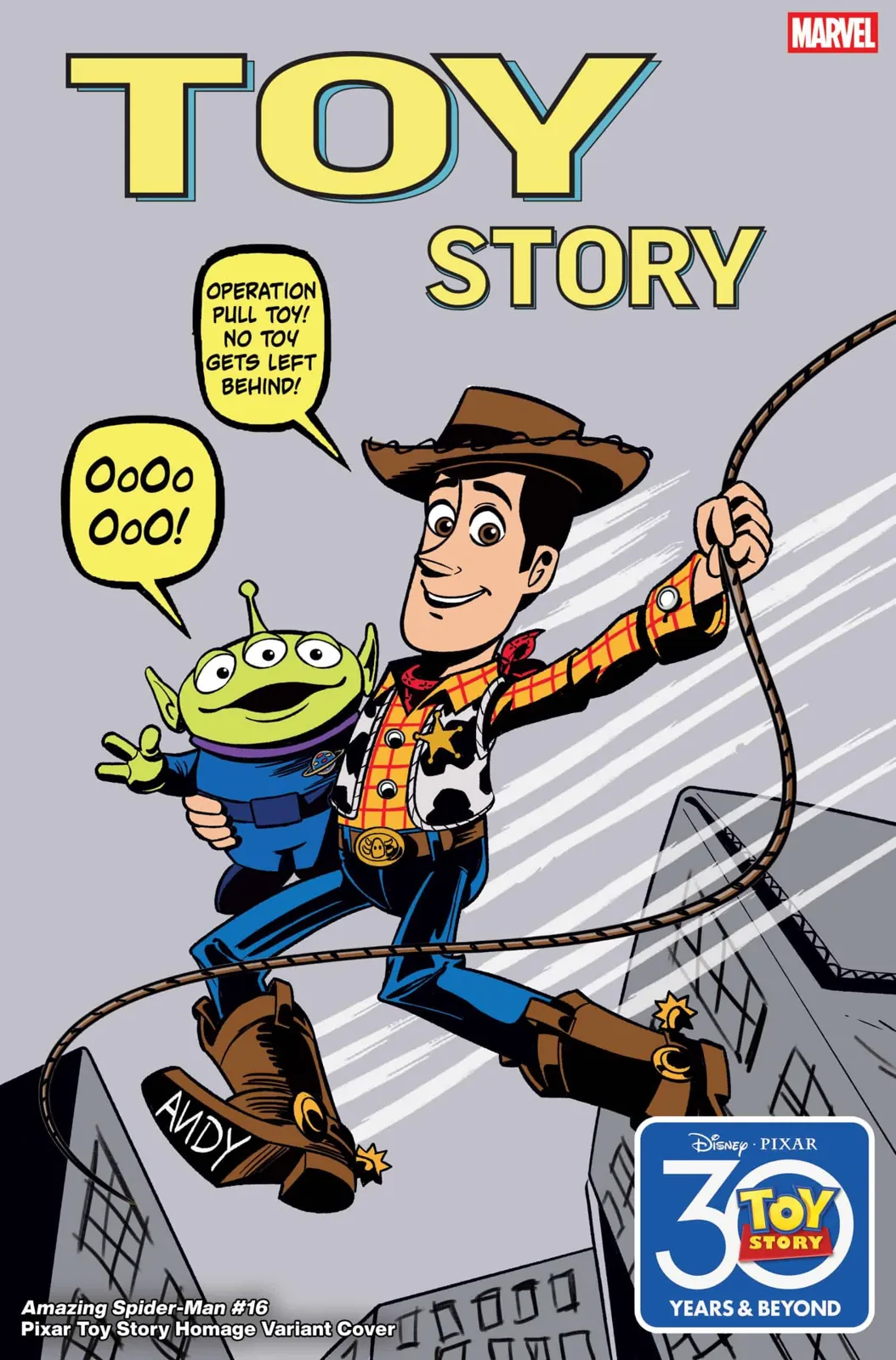 Amazing Spider-Man (2025) #16, Toy Story 30th Anniversary variant, artwork by Marco Forcelloni / Nicky Nicotera