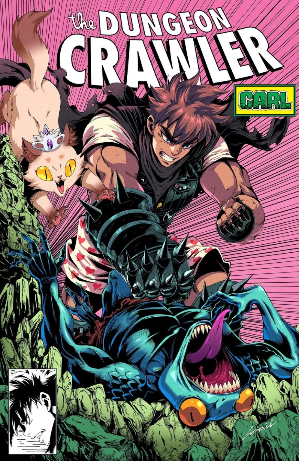Dungeon Crawler Carl Amazing Spider-Man #316 homage by Godtail, with Carl above a monster against a pink background